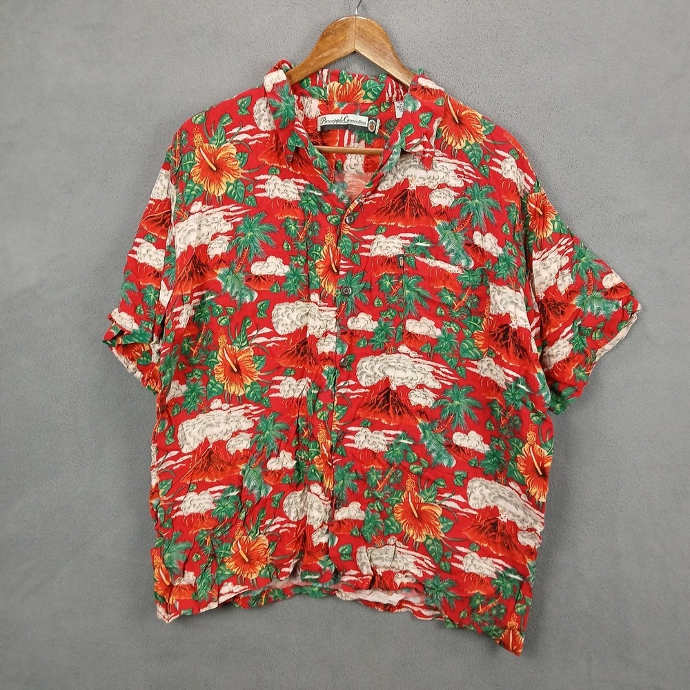 Pineapple Connection Hawaiian Shirt Mens L‎ Red Green Tropical Floral Button Up